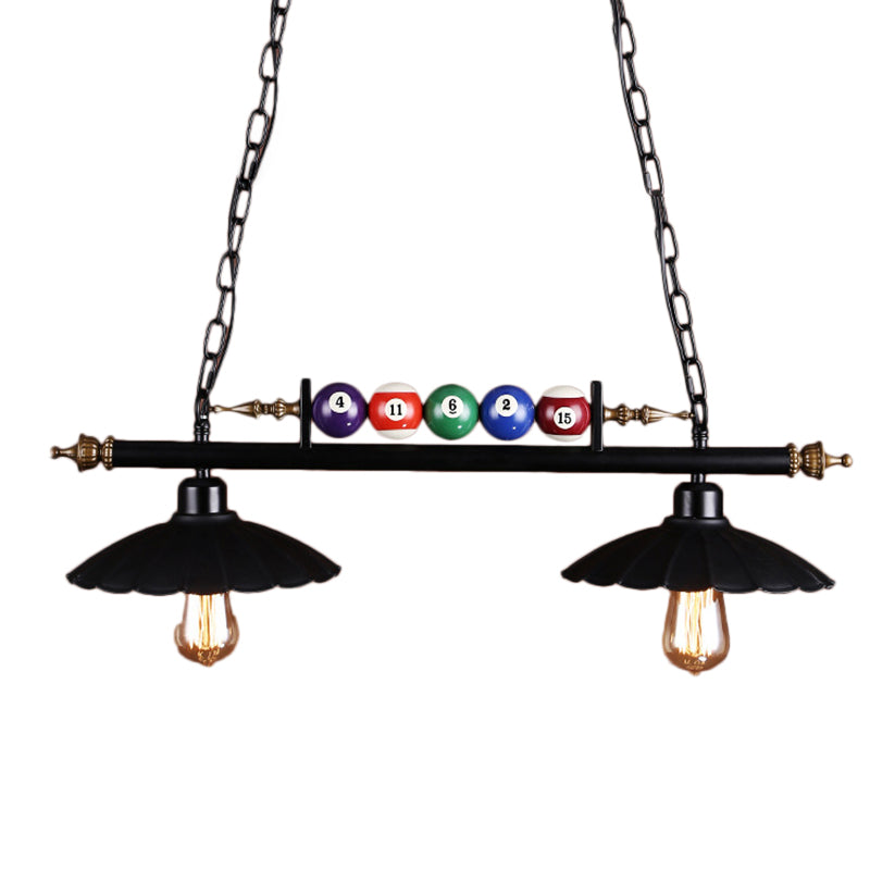 2/3-Licht-Billardtischleuchte mit Wellenschliff und Billardkugel-Dekoration, Vintage-Metallic-Hängeleuchte in Schwarz