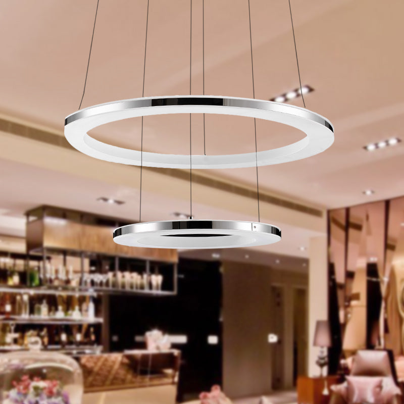 Acrylic Round Ceiling Pendant Contemporary LED 1/2/3-Head Silver Chandelier in Warm/White Light
