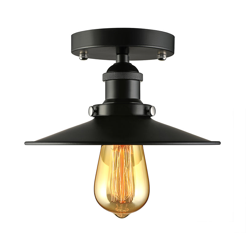 Black/Brass Flat Shade Semi Flush Light Vintage Style Metal 1 Bulb Kitchen Semi Flush Mount Lighting