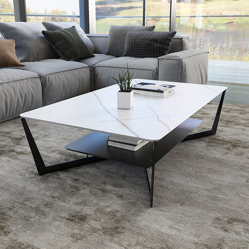 Cross Legs Slate Coffee Table Shelf Included Rectangle Single Cocktail Table