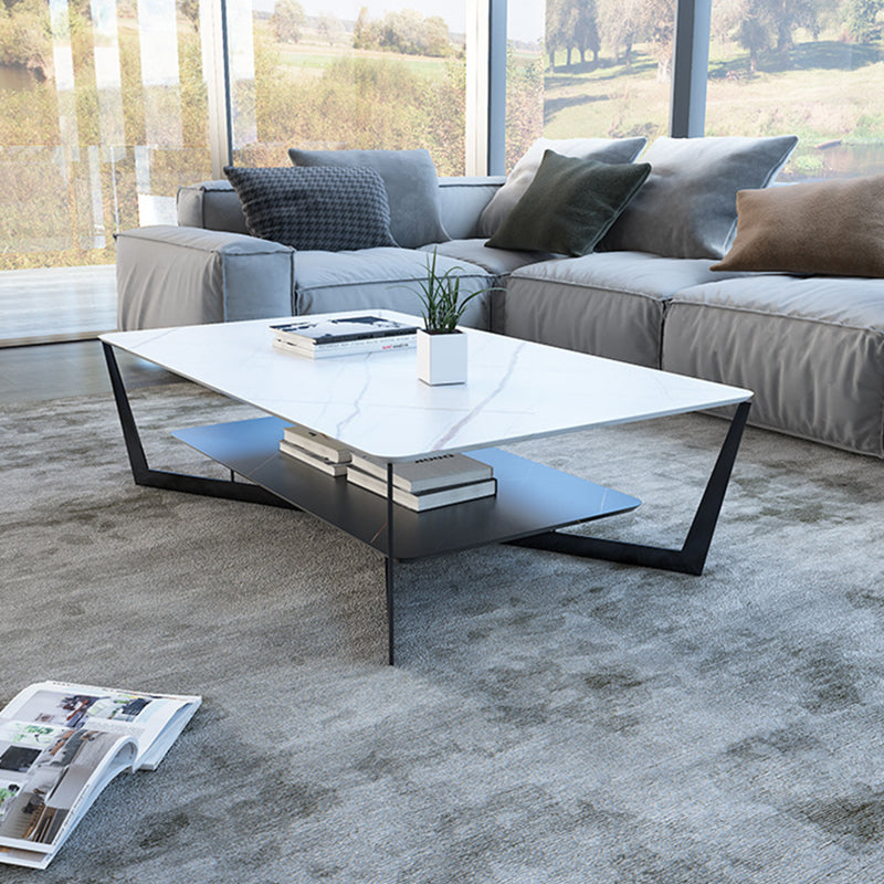 Cross Legs Slate Coffee Table Shelf Included Rectangle Single Cocktail Table