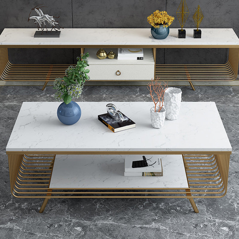 Glam 4 Legs Rectangular Marble Top Coffee Table with Storage Shelf