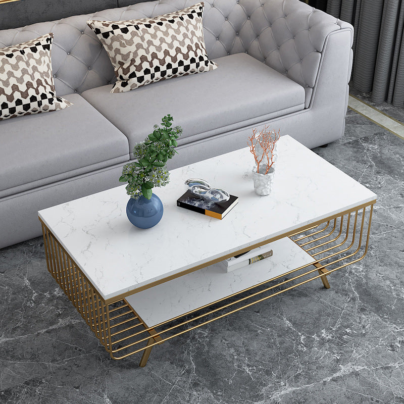 Glam 4 Legs Rectangular Marble Top Coffee Table with Storage Shelf