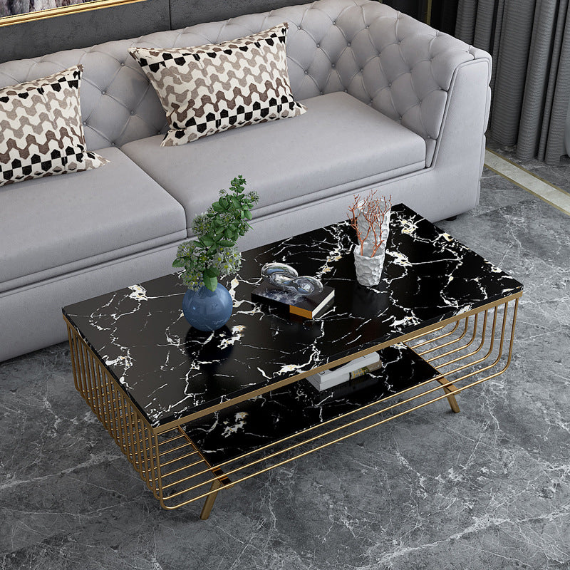 Glam 4 Legs Rectangular Marble Top Coffee Table with Storage Shelf