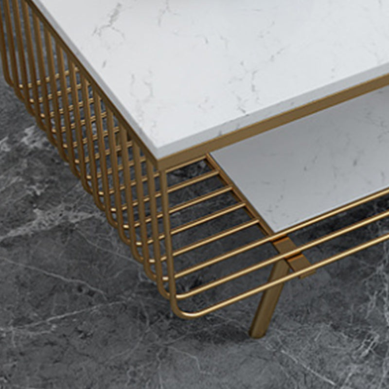Glam 4 Legs Rectangular Marble Top Coffee Table with Storage Shelf