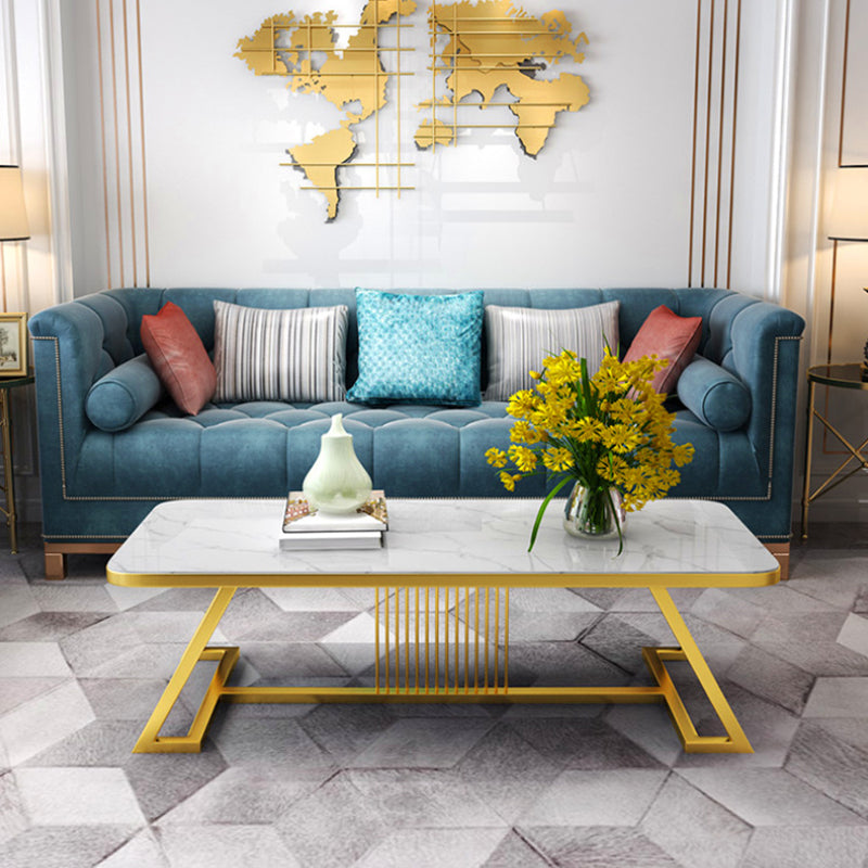 Stone Top Cocktail Table Glam Trestle Iron Base Coffee Table