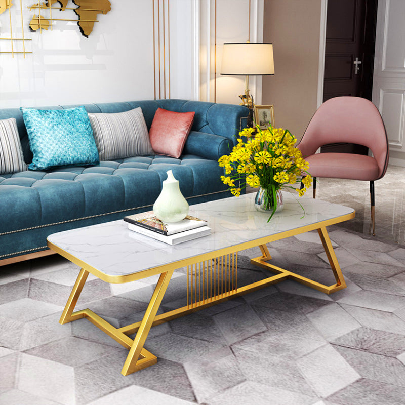 Stone Top Cocktail Table Glam Trestle Iron Base Coffee Table