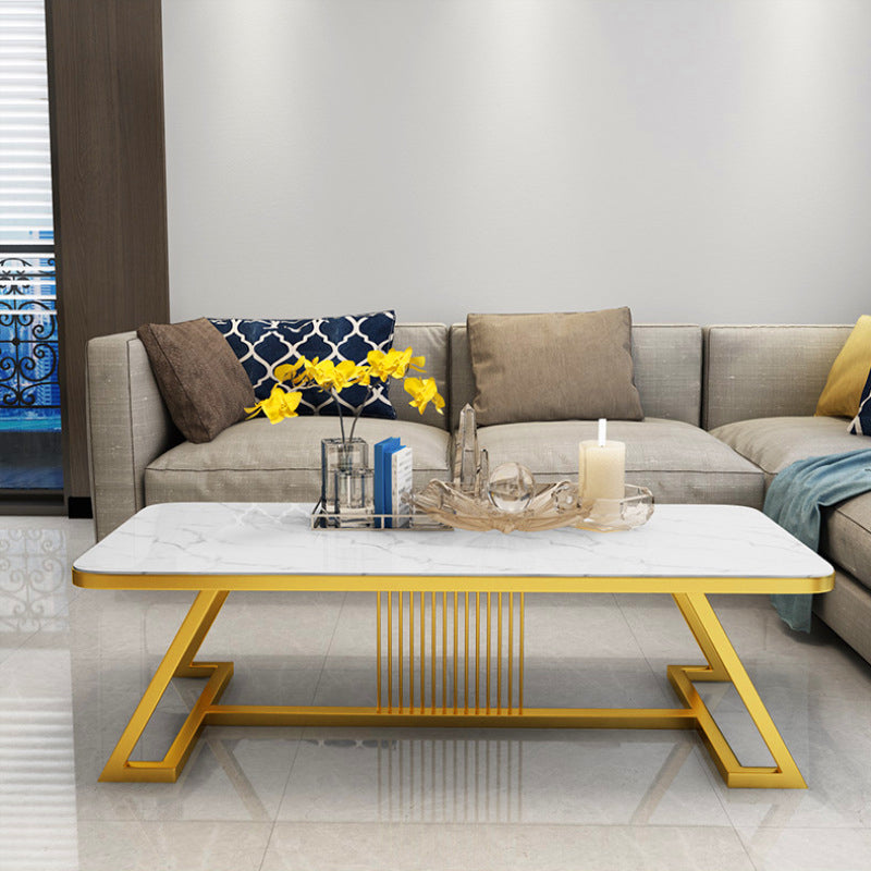 Stone Top Cocktail Table Glam Trestle Iron Base Coffee Table