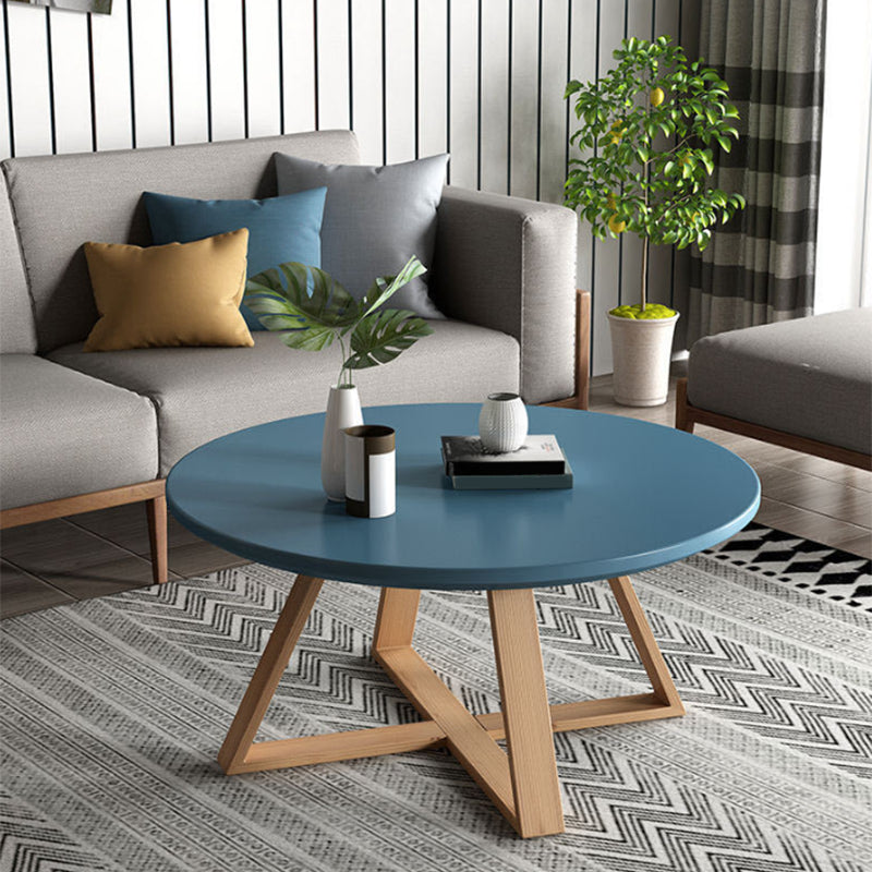 Contemporary Round Wood Coffee Table Cross Legs Cocktail Table
