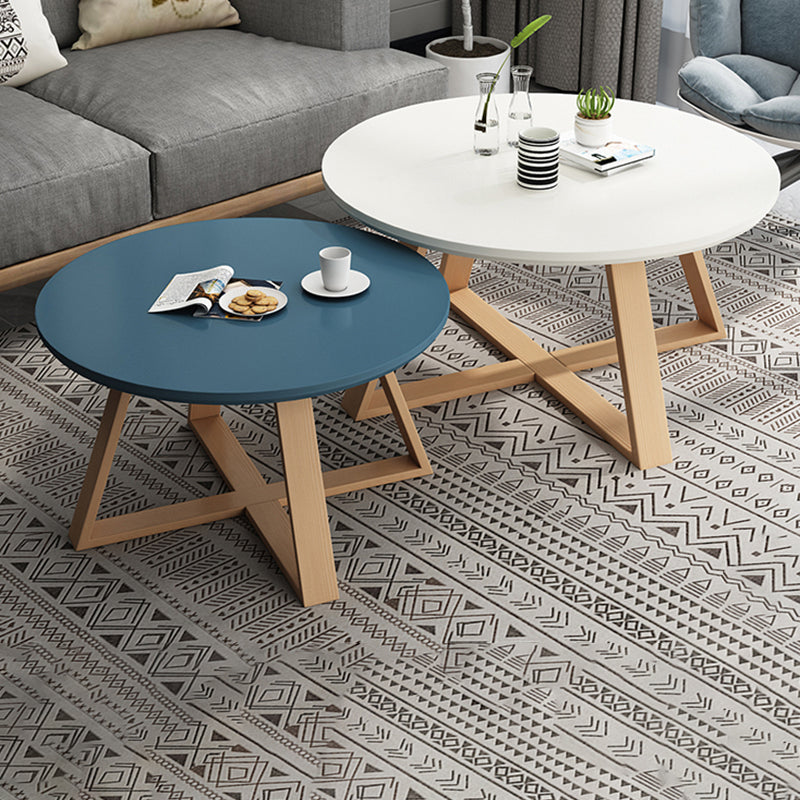 Contemporary Round Wood Coffee Table Cross Legs Cocktail Table