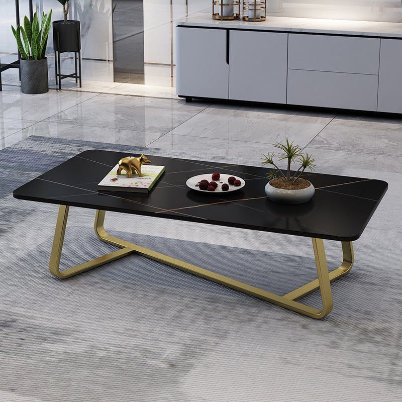 Cross Legs Stone Top Cocktail Table,Glam Stoen Rectangular Coffee Table