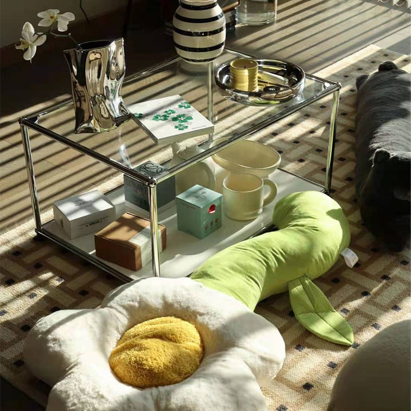 Rectangular Steel Coffee Table Modern Glass Top Cocktail Table with Floor Shelf