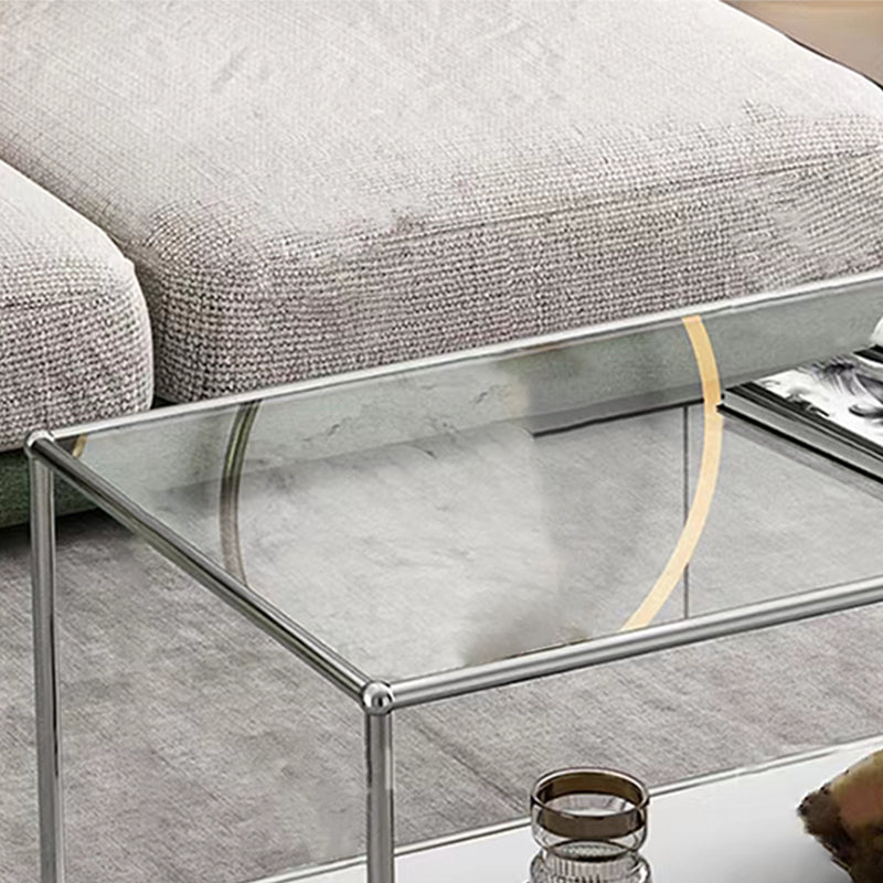 Rectangular Steel Coffee Table Modern Glass Top Cocktail Table with Floor Shelf