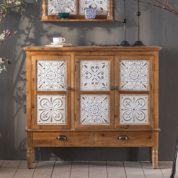 Industrial Wooden Cabinet with Turned Legs and Drawers in Brown