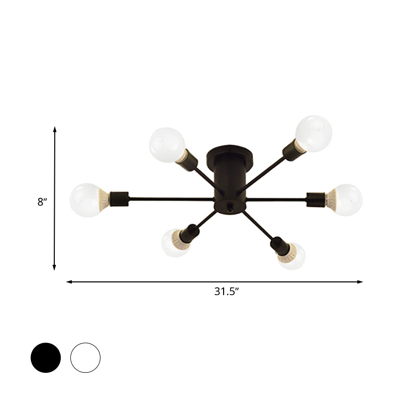 6/8 Heads Ceiling Light Fixture with Exposed Bulb Metal Retro Style Bedroom Semi Flush Mount Lighting in Black/White