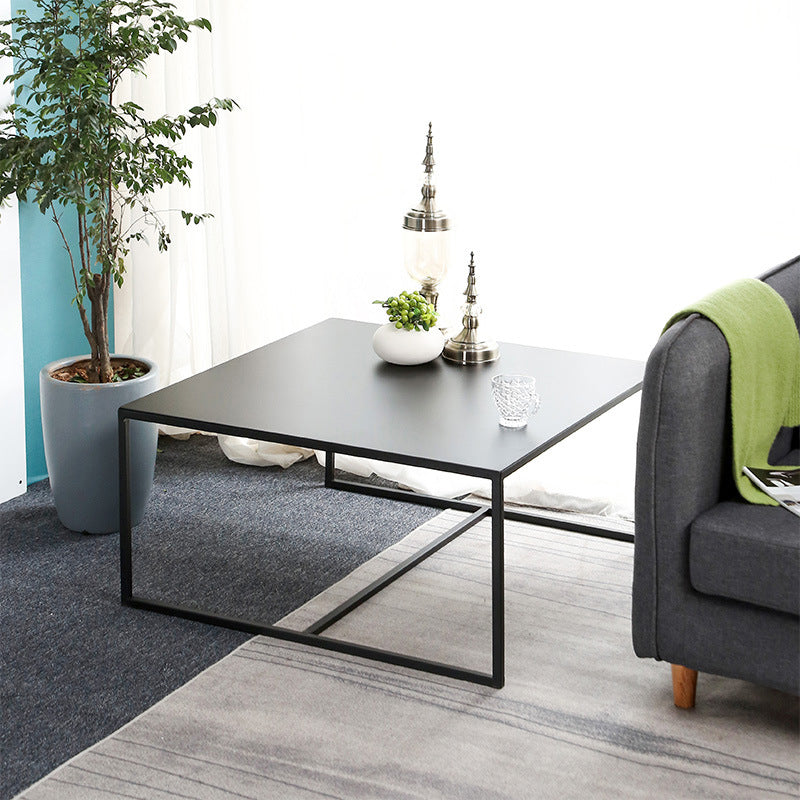 Mid-Century Modern Iron Square Coffee Table with Trestle Base Cocktail Table
