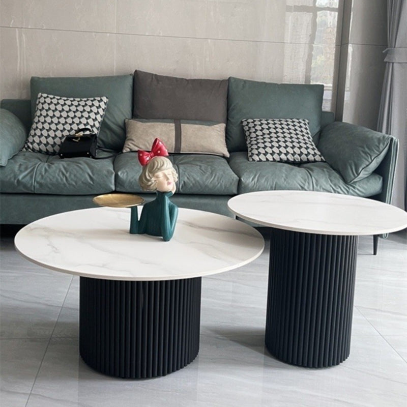 Slate Round Coffee Table Pedestal Cocktail Table Set in White