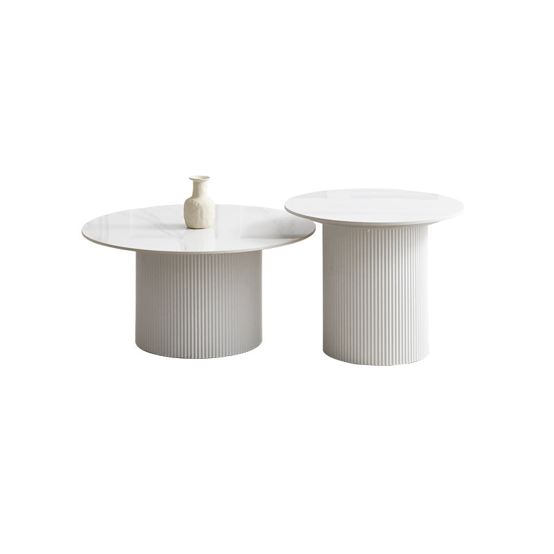 Slate Round Coffee Table Pedestal Cocktail Table Set in White