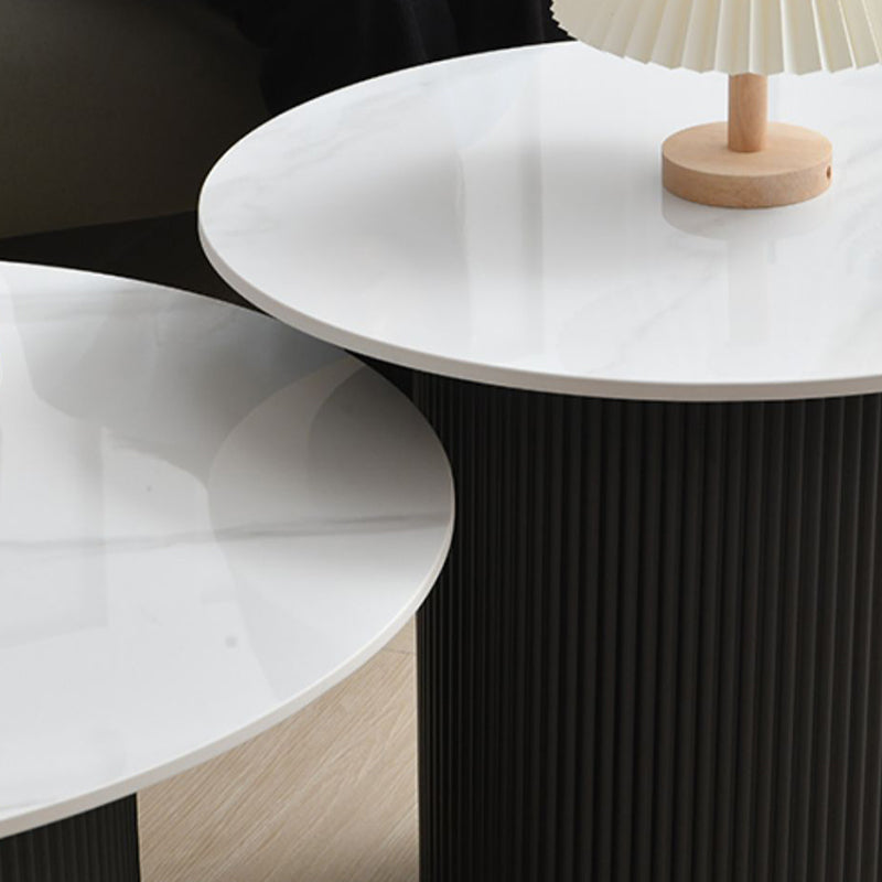 Slate Round Coffee Table Pedestal Cocktail Table Set in White