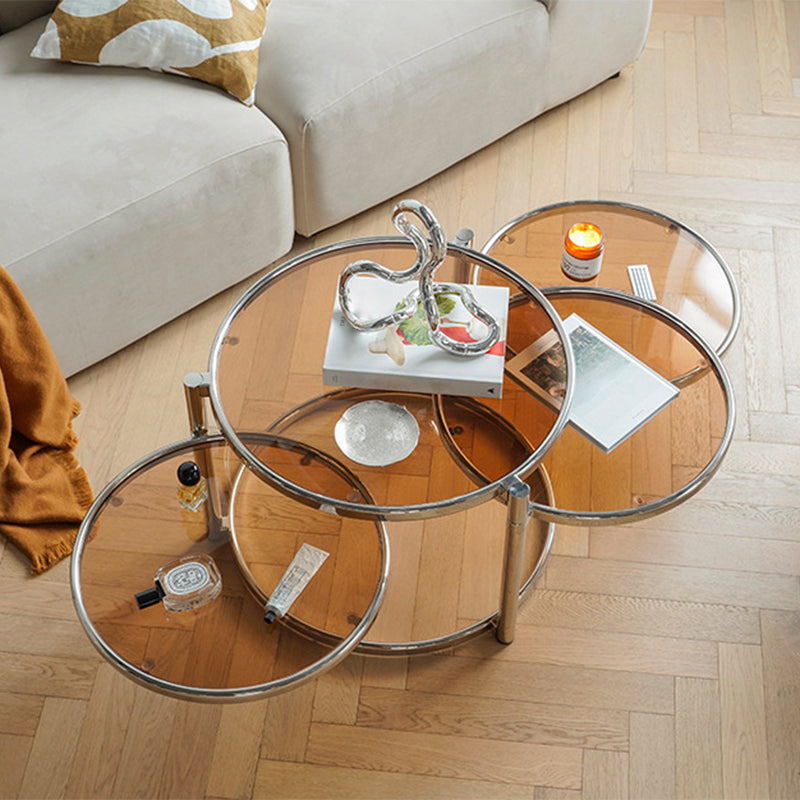 Extendable Coffee Table Glass with Round Top and Stainless Steel Base