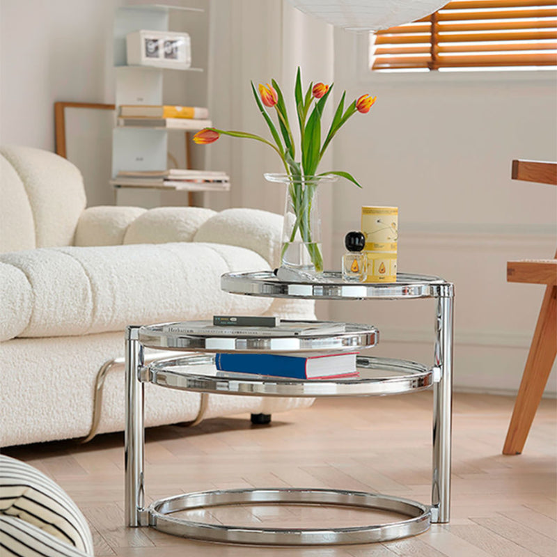 Extendable Coffee Table Glass with Round Top and Stainless Steel Base