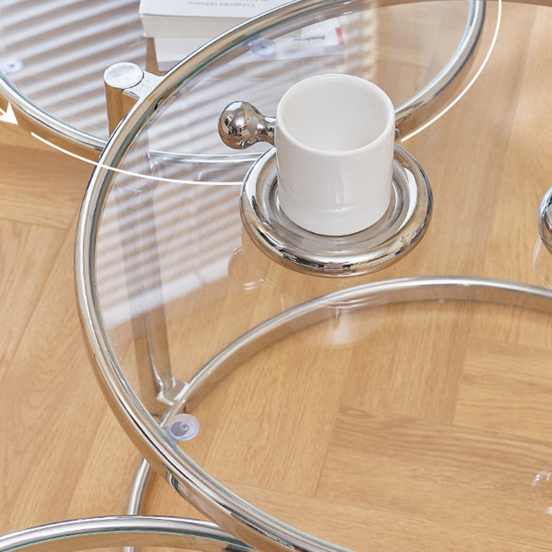 Extendable Coffee Table Glass with Round Top and Stainless Steel Base