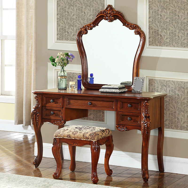 18.89" Wide Brown Vanity Set with Mirror Glass Make-up Vanity with 5 Storage Drawers