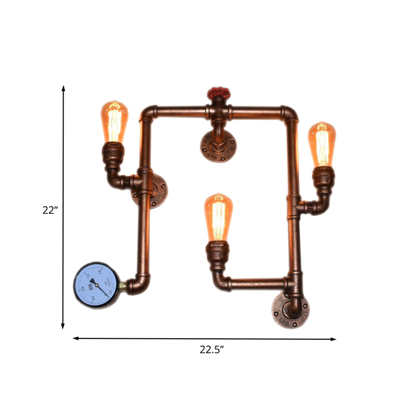 3-Head Iron Sconce Light Industrial Copper Finish Twisted Living Room Wall Mount Pipe Lamp with Gauge Deco