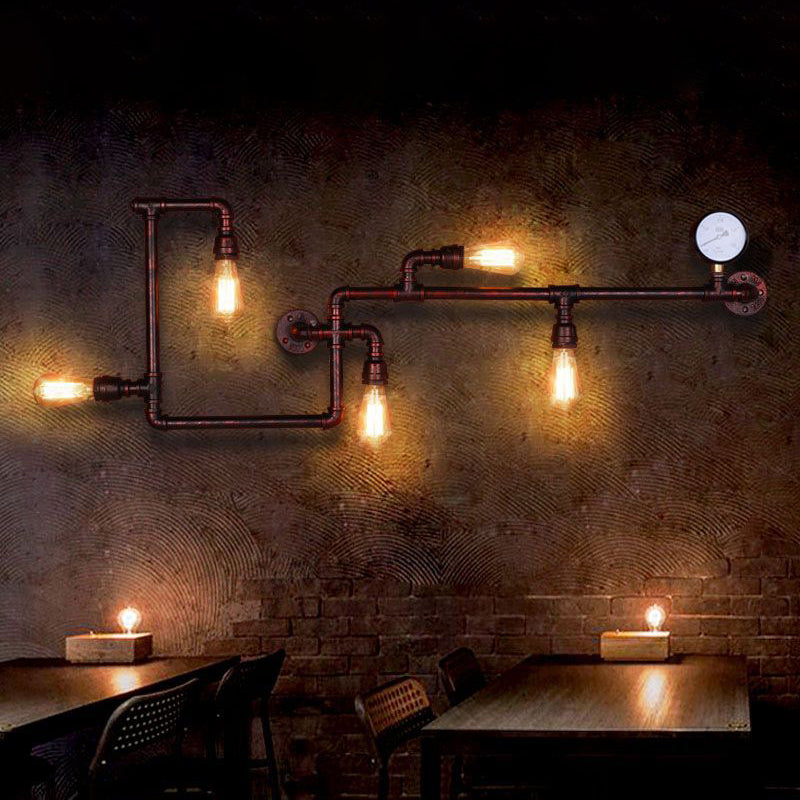 Labyrinth Pipe Restaurant Sconce Vintage Metallic 5-Bulb Kupferwandhalterung mit Messgerät Deco