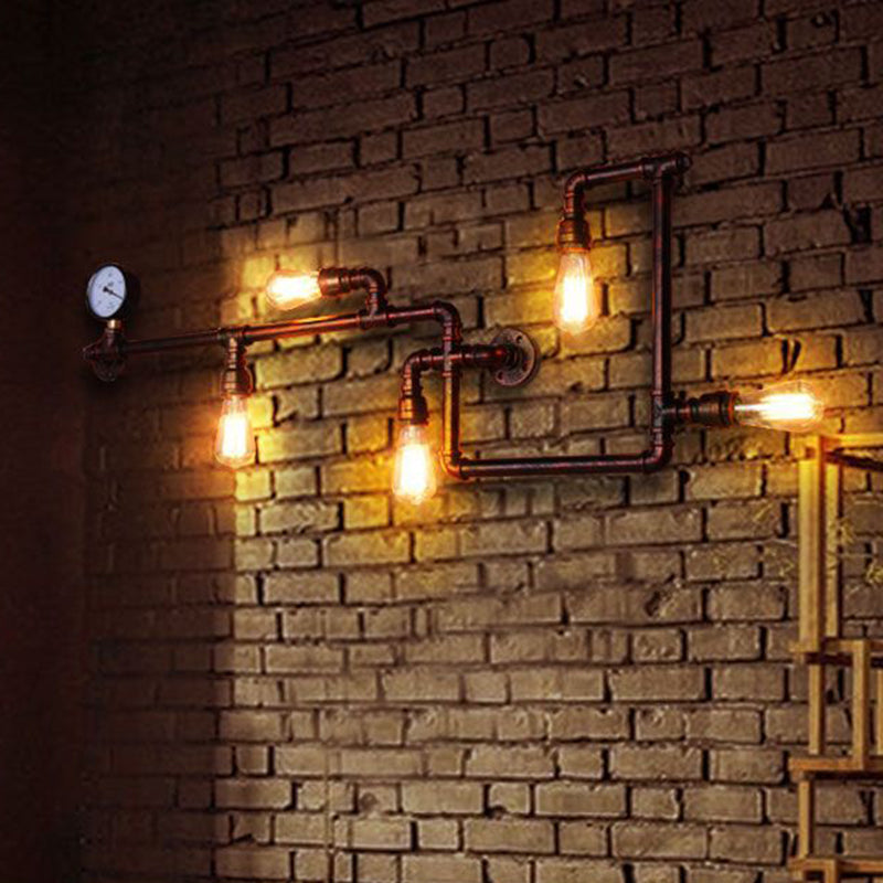 Labyrinth Pipe Restaurant Sconce Vintage Metallic 5-Bulb Kupferwandhalterung mit Messgerät Deco