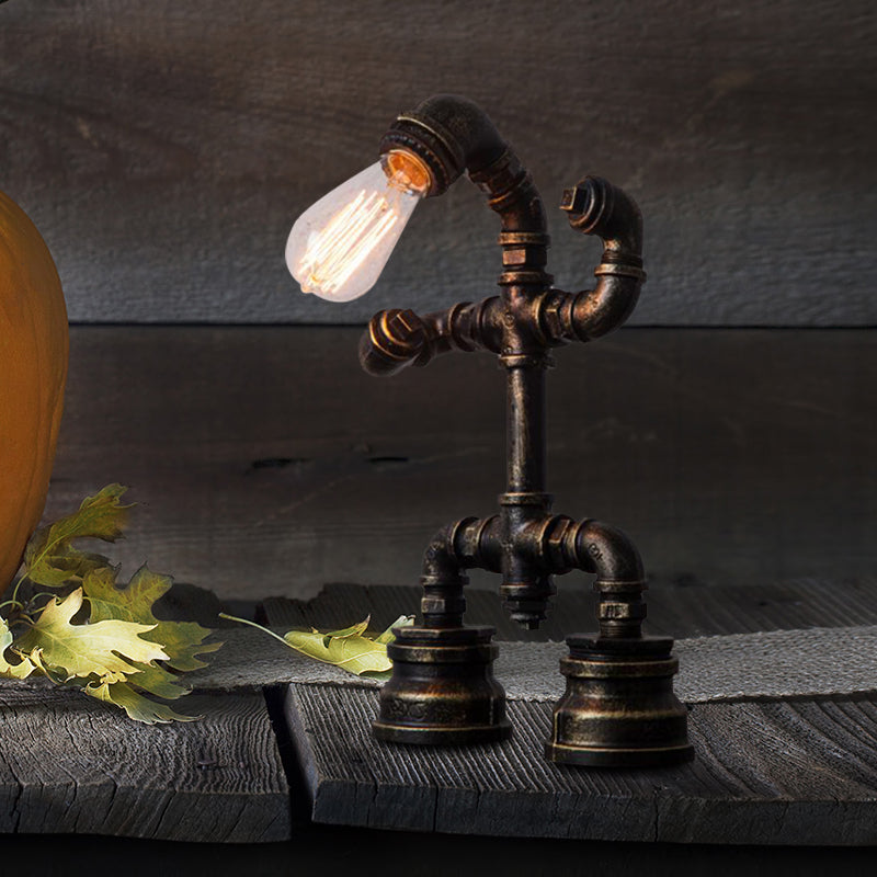 1 Light Robot Pipe Small Desk Light Rustic Black Iron Night Table Lamp with Plug-In Cord