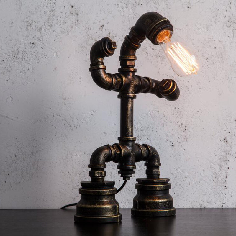 1 Light Robot Pipe Small Desk Light Rustic Black Iron Night Table Lamp with Plug-In Cord