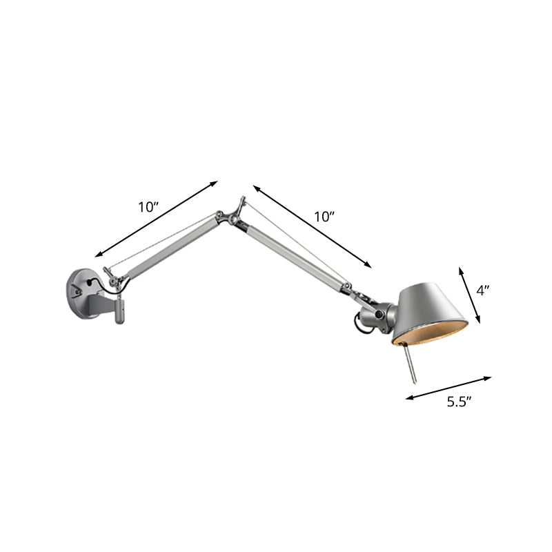 Silver Conical Wall Mount Sconce Vintage Metallic 1 Bulb Living Room Wall Light with Swing Arm