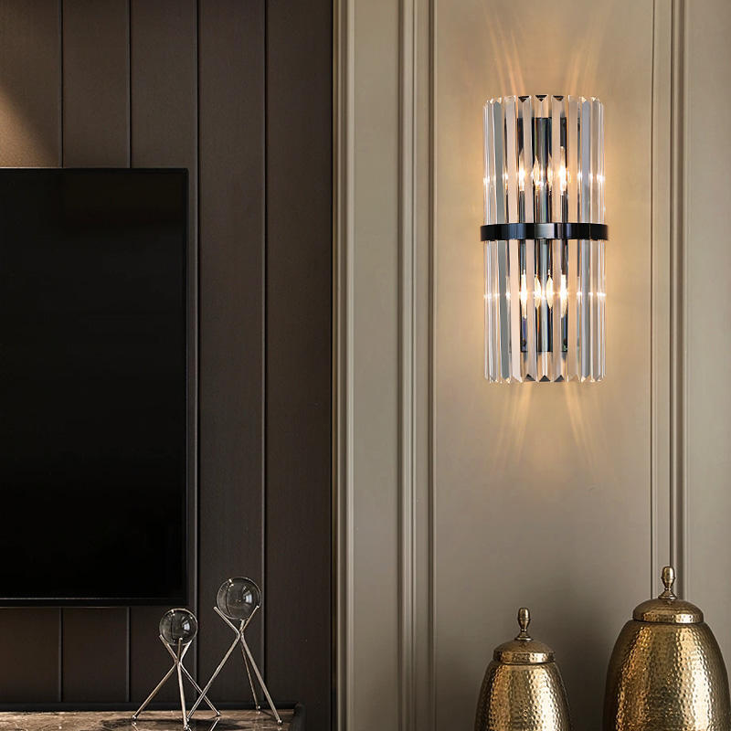 Modern Style Half Cylinder Wall Sconce Crystal 2 Light Sconces for Living Room