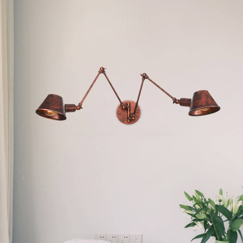 2/3 bollen Swing Arm Wall Light SCONCE industriële roestafwerking Metalen wand gemonteerd lamp met kegelschaduw