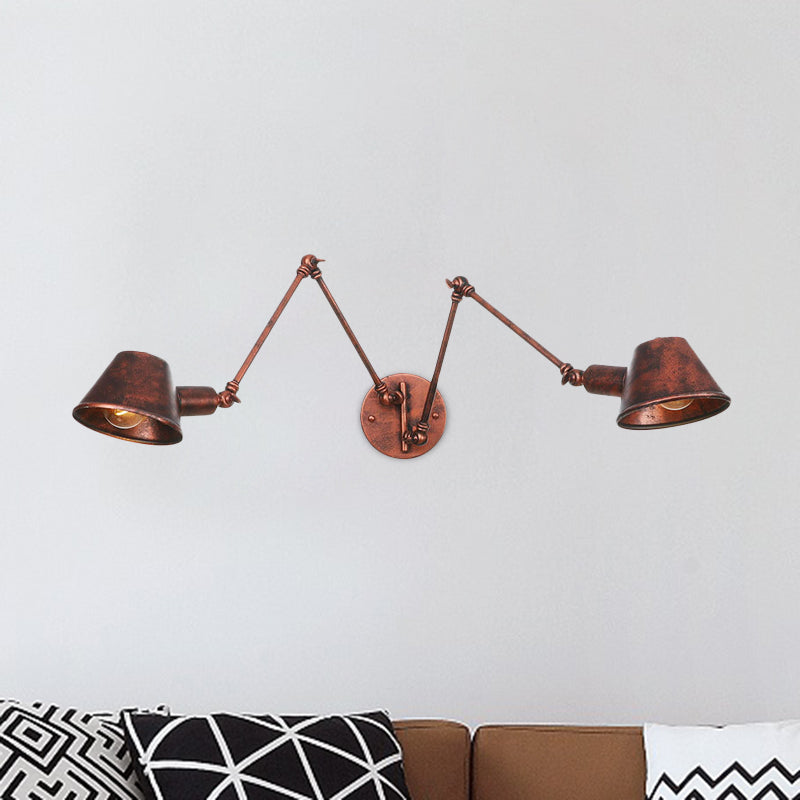 2/3 bollen Swing Arm Wall Light SCONCE industriële roestafwerking Metalen wand gemonteerd lamp met kegelschaduw