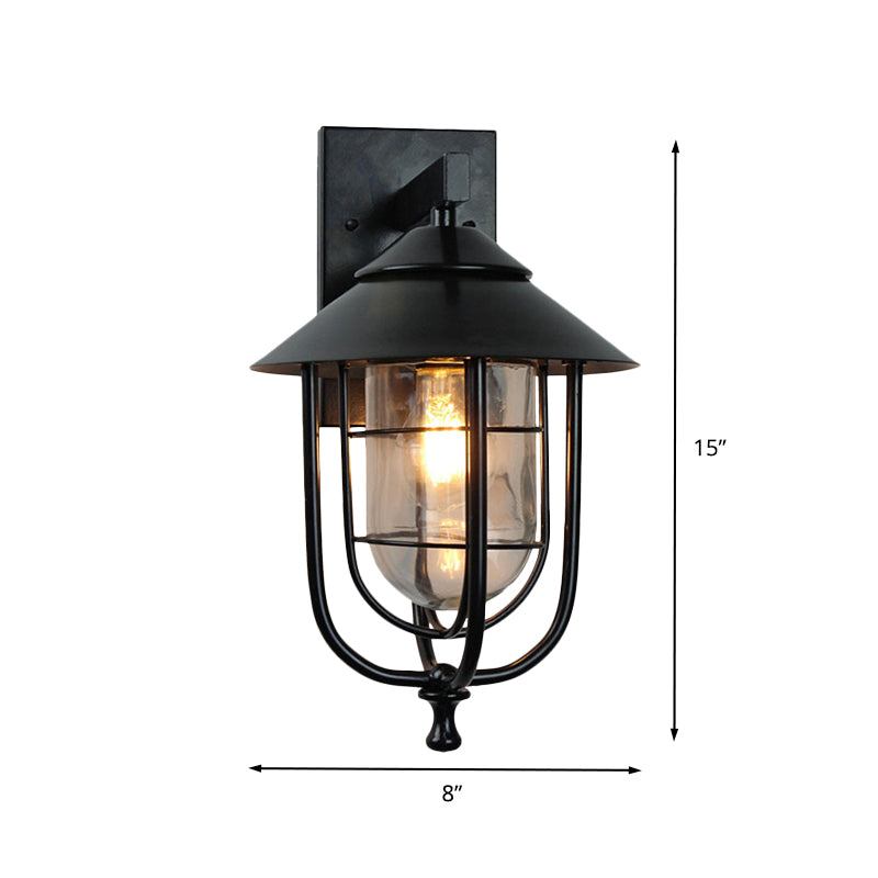Wire Cage Outdoor Sconce Vintage Metal 1-Bulb Black Finish Wall Mounted Lamp with Clear Glass Shade
