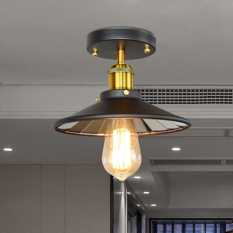 Metal Wide Flare Semi Flush Lighting Industrial 1-Light Study Room Close to Ceiling Lamp in Black