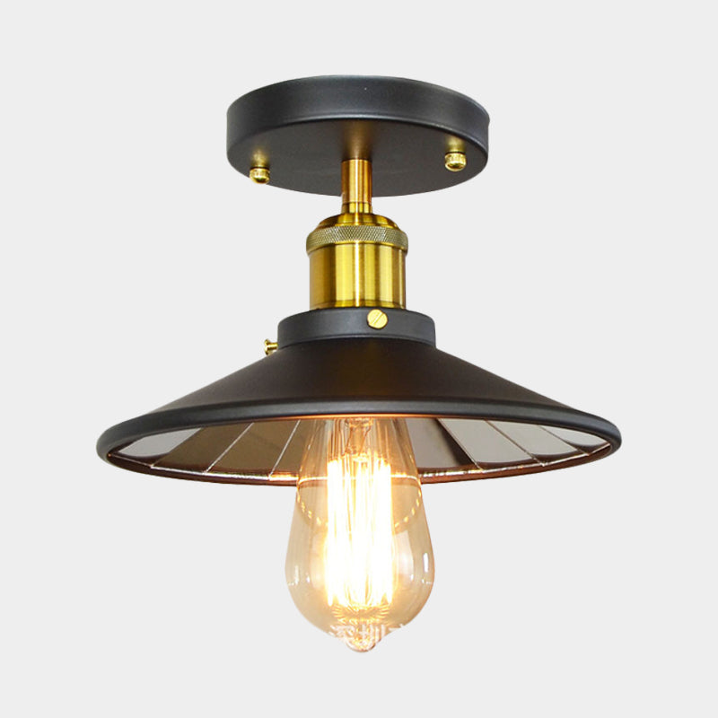 Metal Wide Flare Semi Flush Lighting Industrial 1-Light Study Room Close to Ceiling Lamp in Black