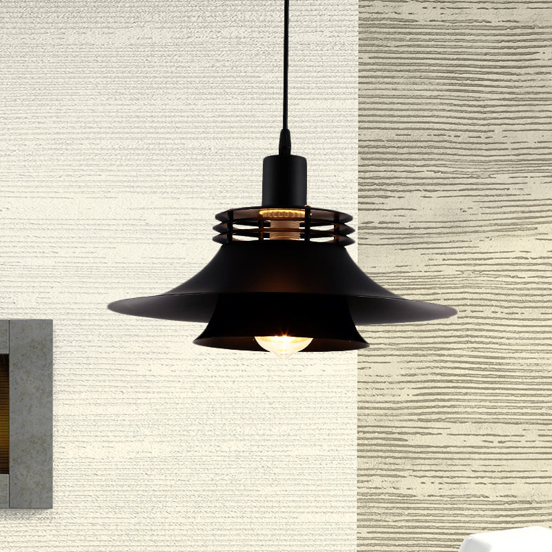 1 Bulb 2-Layer Wide Flare Pendant Countryside Black Iron Ceiling Light for Restaurant, 12.5"/14" Wide