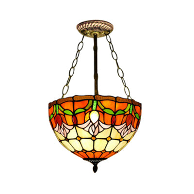 Orange Bowl Pendant Light 12"/16" Width Tiffany Rustic Stained Glass Chandelier for Foyer