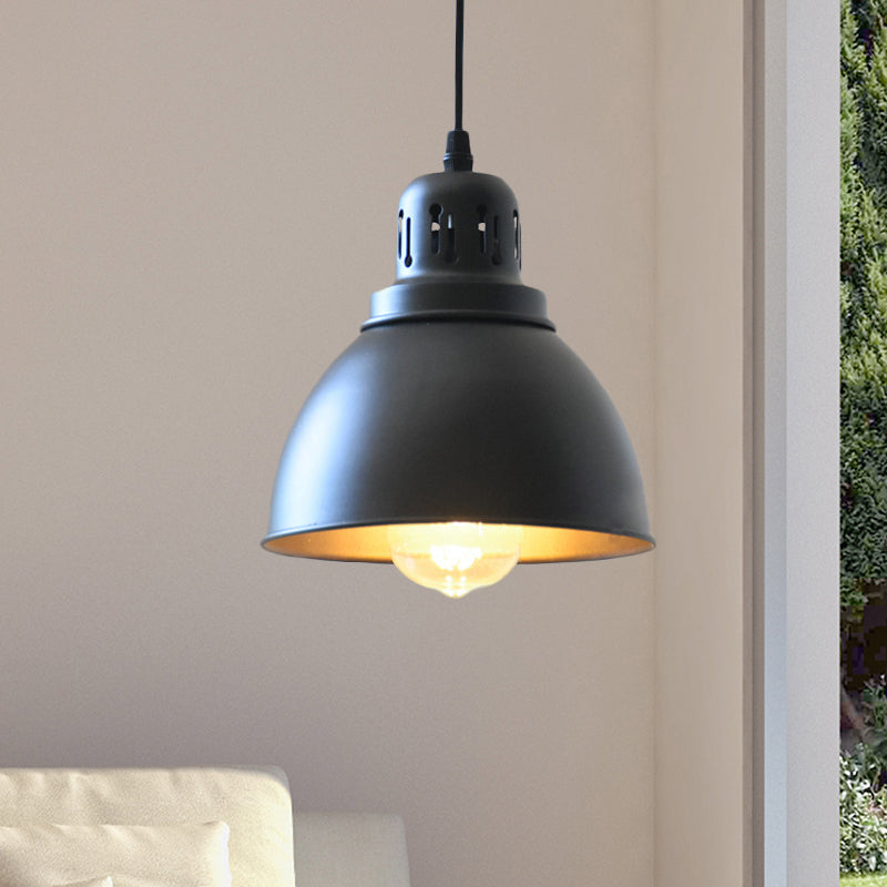 1-Bulb Iron Suspension Light Antiqued Black Finish Domed Stairway Pendant Lamp, 6"/7.5"/12" W