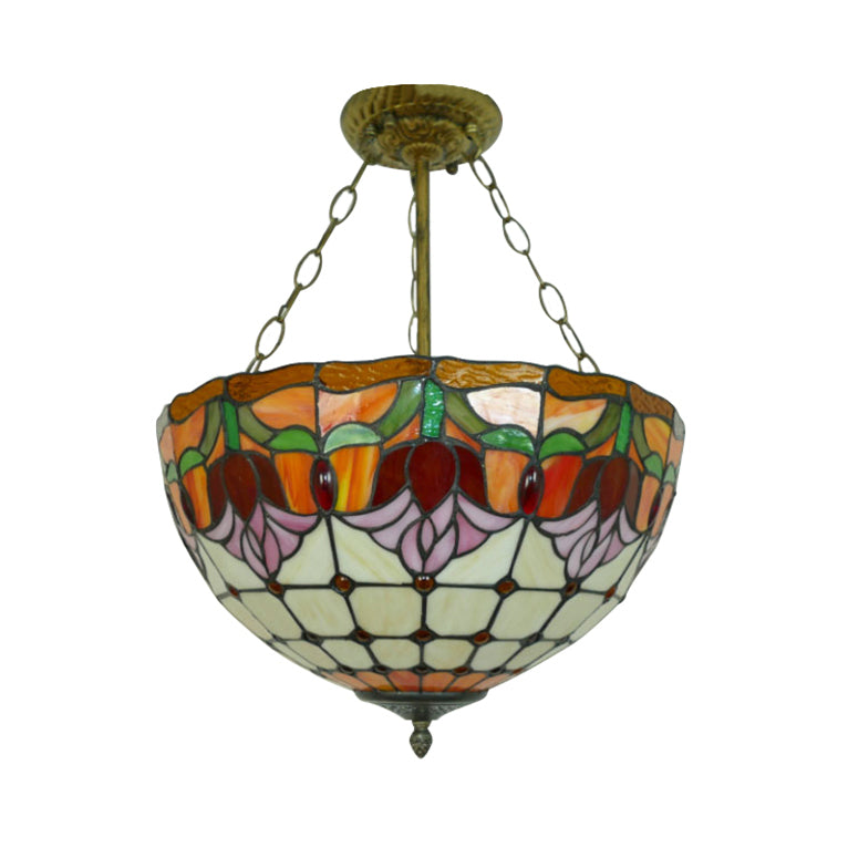 Orange Bowl Pendant Light 12"/16" Width Tiffany Rustic Stained Glass Chandelier for Foyer