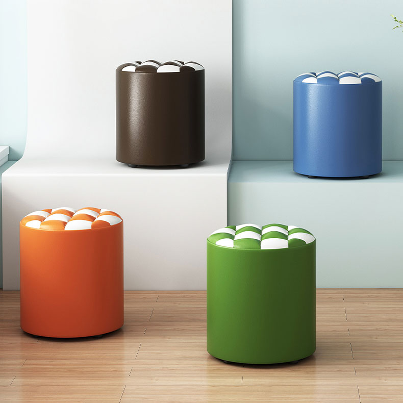 Mid-Century Modern Pouf Ottoman Faux Leather Tufted Square Pattern Round Ottoman