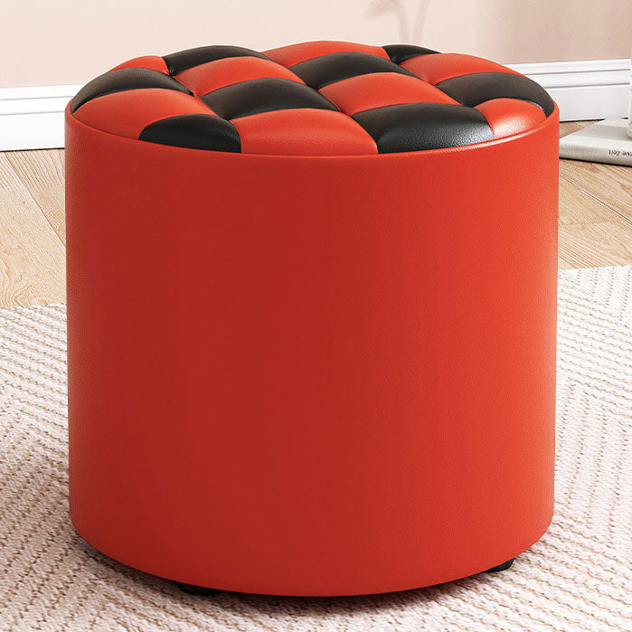 Mid-Century Modern Pouf Ottoman Faux Leather Tufted Square Pattern Round Ottoman