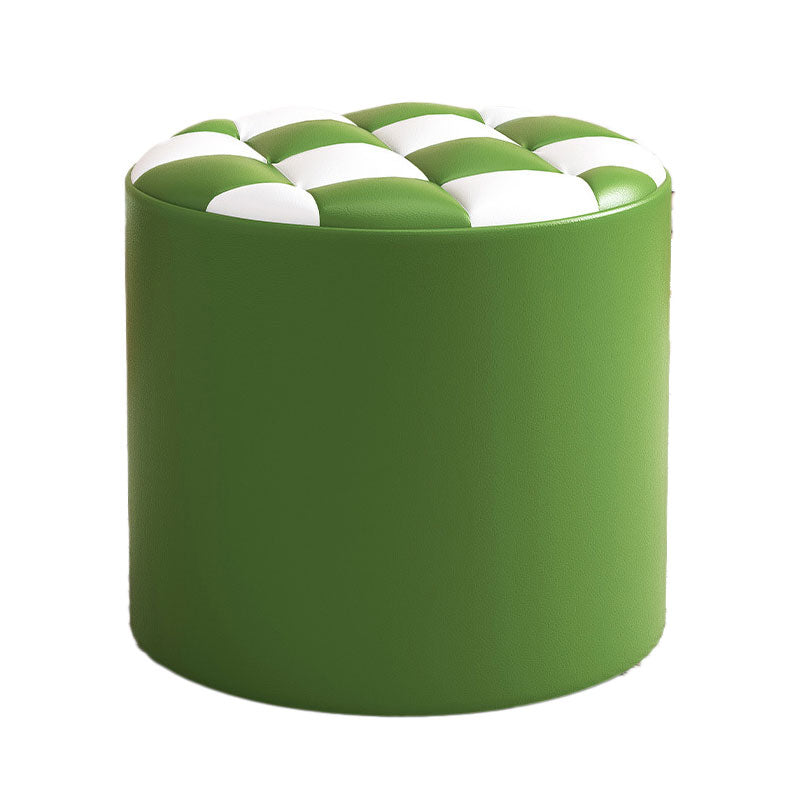 Mid-Century Modern Pouf Ottoman Faux Leather Tufted Square Pattern Round Ottoman