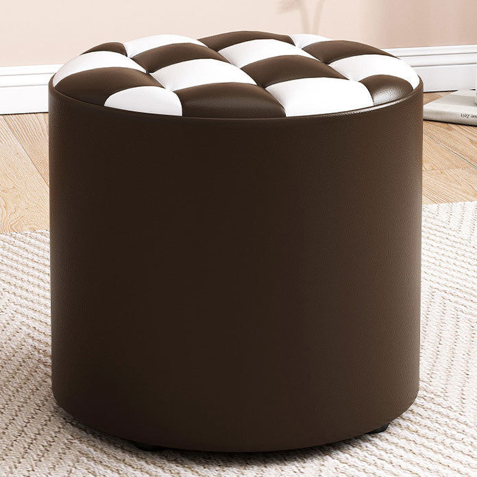 Mid-Century Modern Pouf Ottoman Faux Leather Tufted Square Pattern Round Ottoman