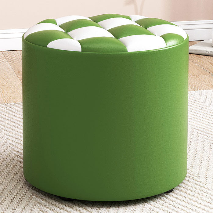 Mid-Century Modern Pouf Ottoman Faux Leather Tufted Square Pattern Round Ottoman