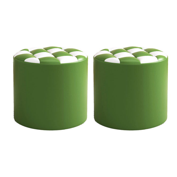 Mid-Century Modern Pouf Ottoman Faux Leather Tufted Square Pattern Round Ottoman