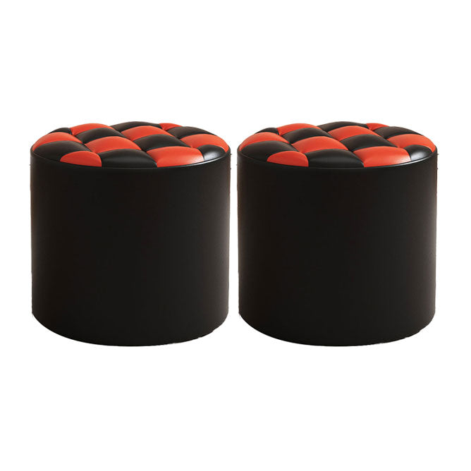 Mid-Century Modern Pouf Ottoman Faux Leather Tufted Square Pattern Round Ottoman